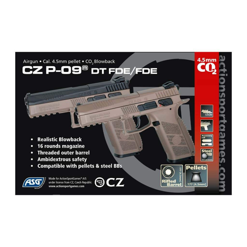 Пневматический пистолет ASG CZ P-09 Black/FDE Blowback Pellet