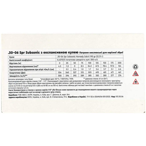 Патрон STS кал. 30-06 Spr Subsonic куля Hornady Sub-X, маса 12.31 гр/190 гран фото 3
