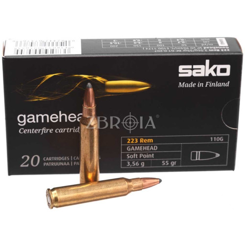 Патрон Sako Gamehead кал. 223 Rem куля SP, маса 3.56 гр/55 гран фото