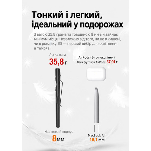 Ультратонкий фонарь Klarus E5 800 лм/450 mAh. Black фото 6