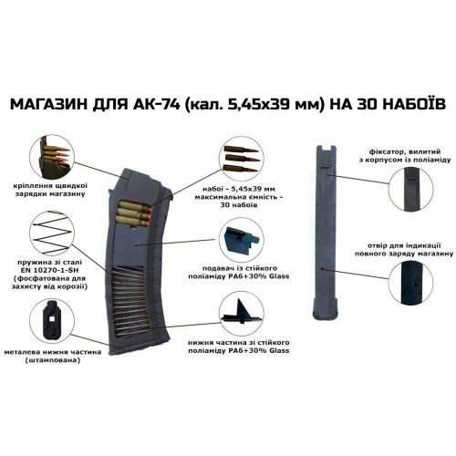 Магазин кал. 5,45x39 для АК-74 на 30 патронів (полімер) чорний фото 5