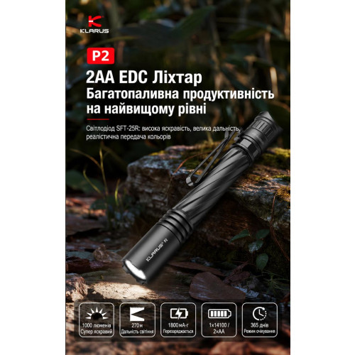 Ручной фонарь Klarus P2 1000lm/1800 mAh. Black фото 5