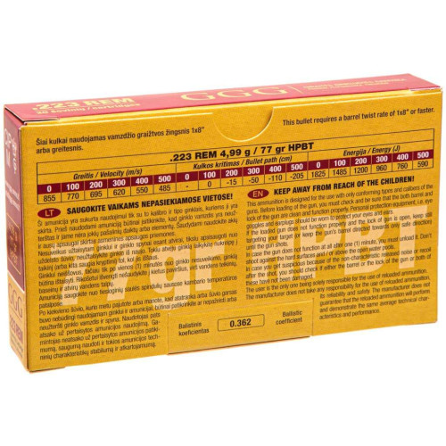 Патрон GGG кал. 223 Rem куля Nosler HPBT, маса 4.99 гр/77 гран фото 2